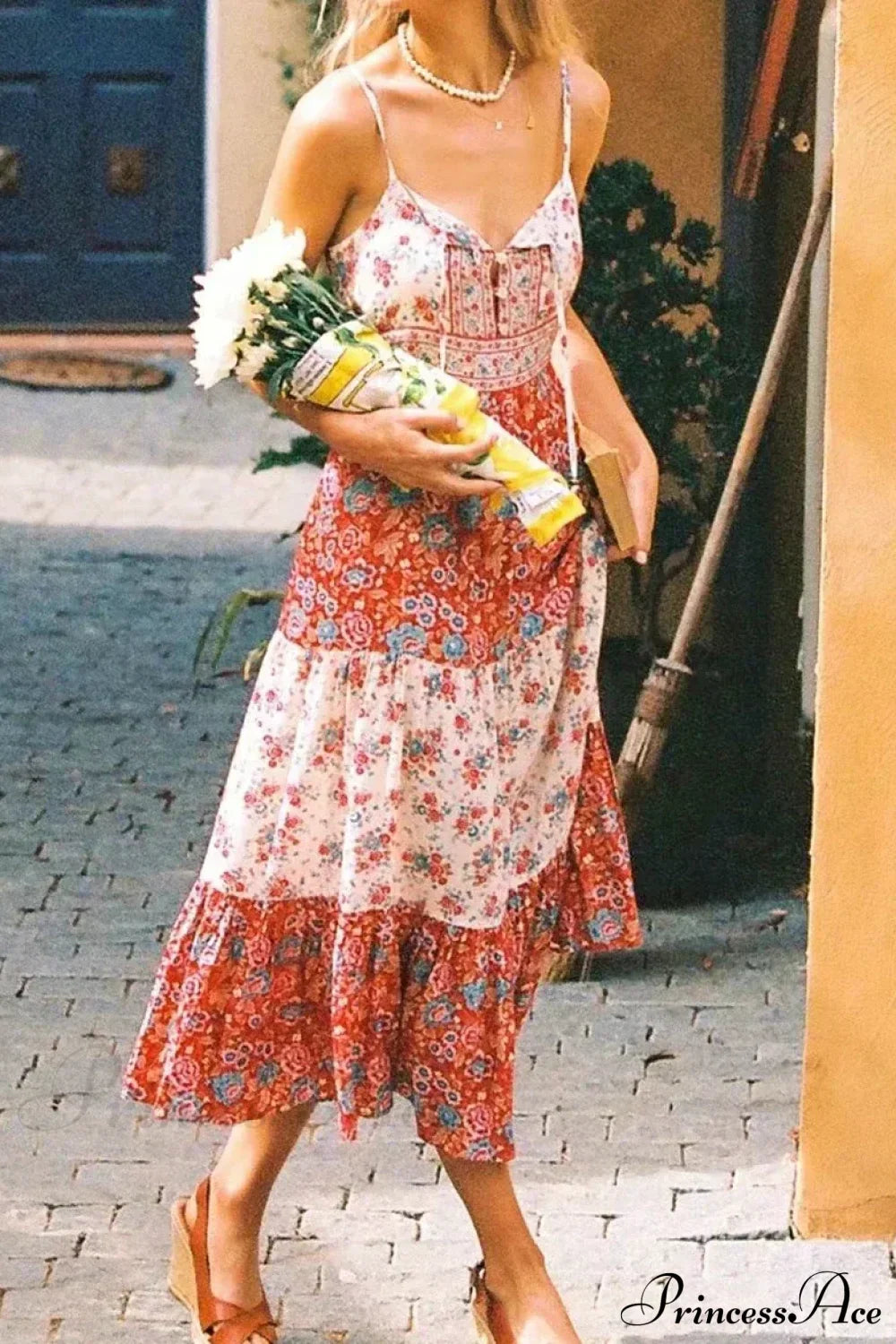 Pink Floral Print Sleeveless Strap Rayon Summer Maxi Boho Dress red / S bohodress-250126