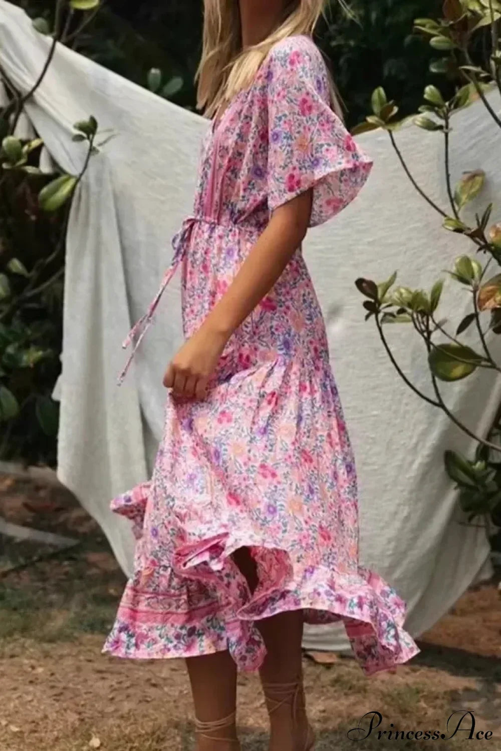 Pink Floral Print V-neck Tassel Rayon Vacation Maxi Boho Dress