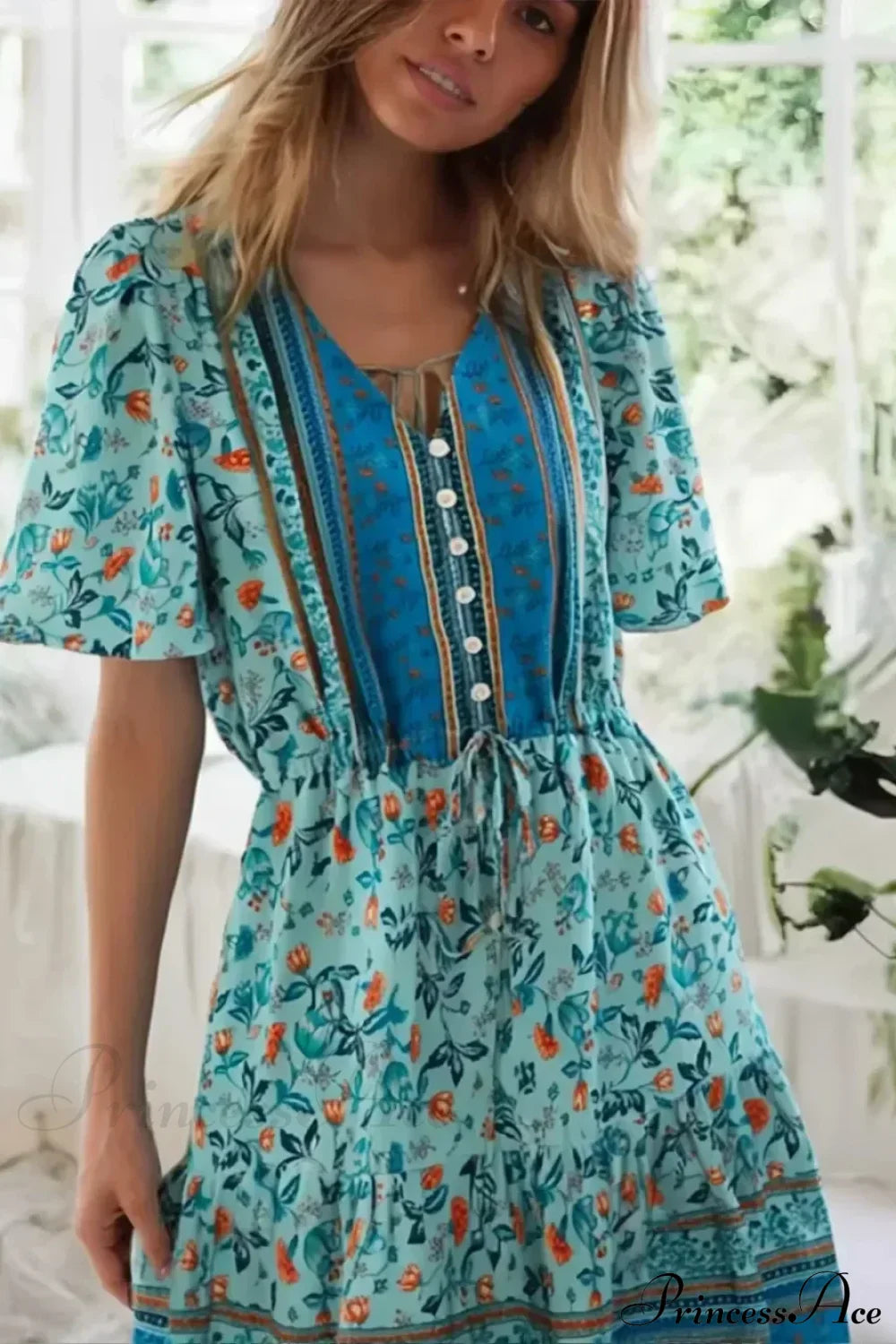 Pink Floral Short Sleeve Loose V-neck Mini Boho Dress Green / S bohodress-250126