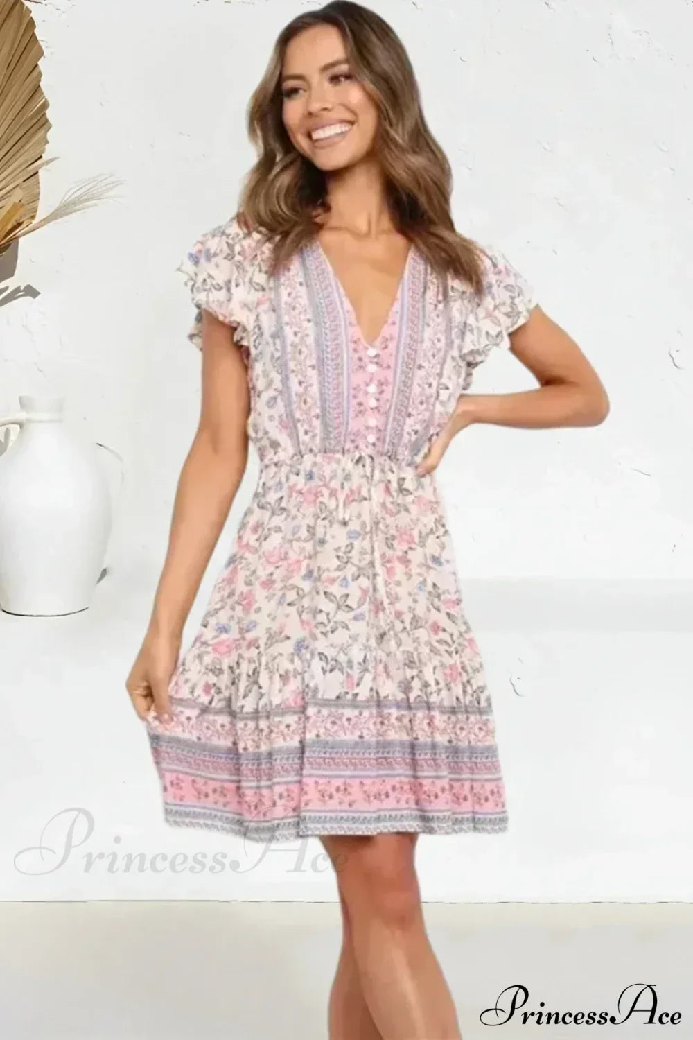 Pink Floral Short Sleeve Loose V-neck Mini Boho Dress Pink / S bohodress-250126