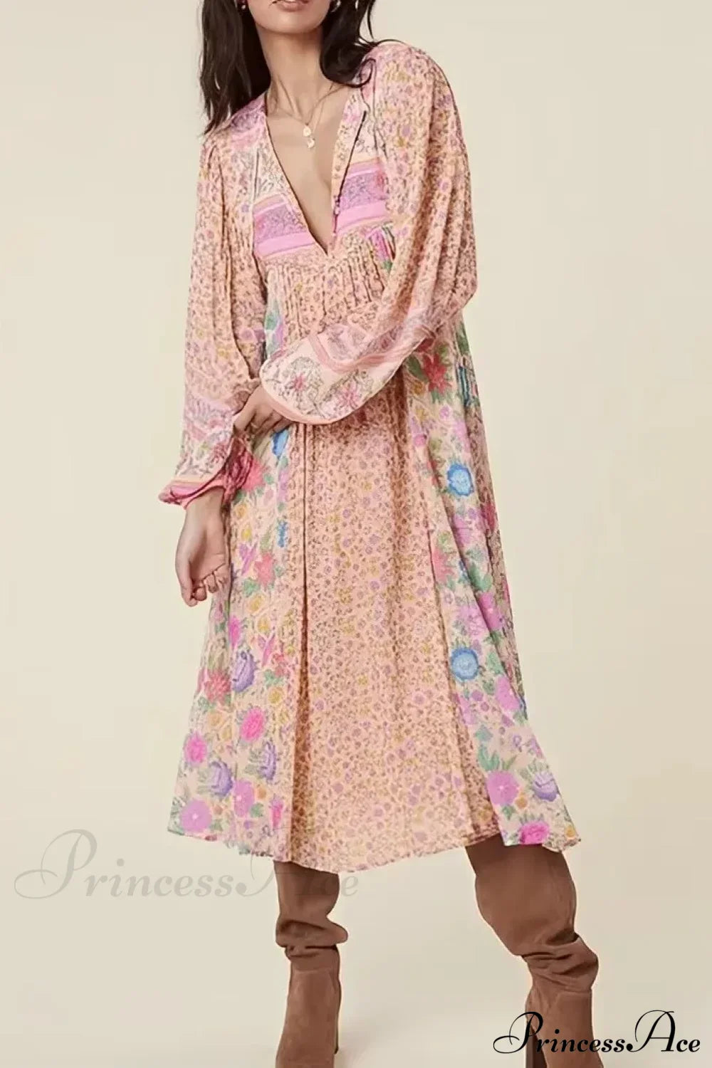 Pink Floral Square Collar Short Sleeve Boho Dress Pink / S bohodress-250126
