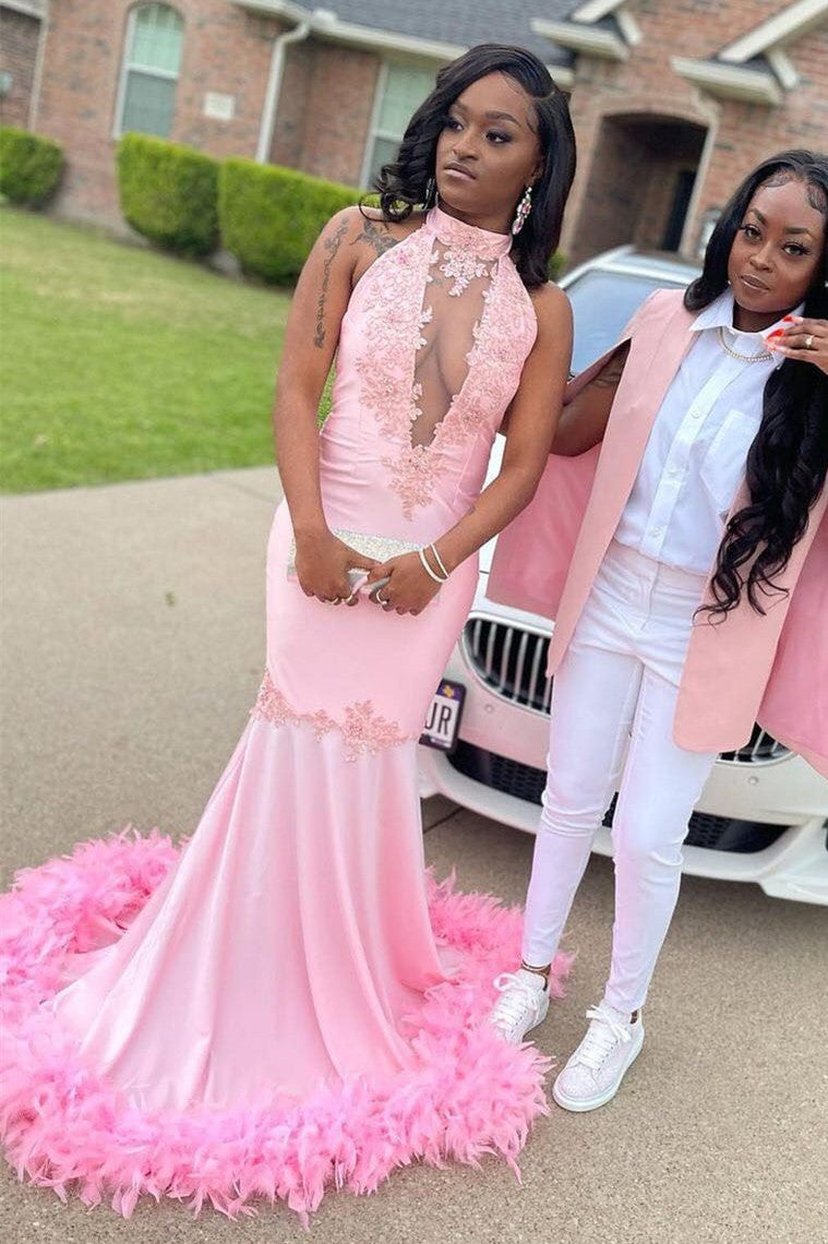 Pink Halter Gold Sequins Prom Dresses Mermaid Feather Evening Dress