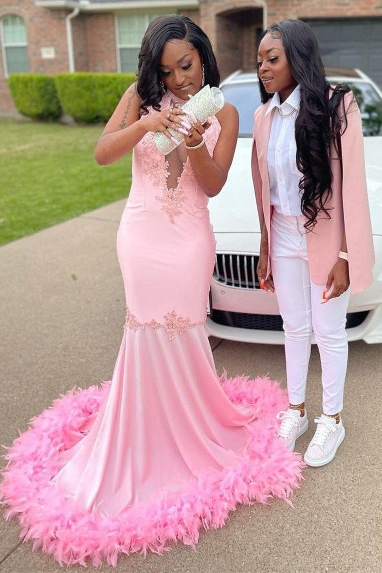 Pink Halter Gold Sequins Prom Dresses Mermaid Feather Evening Dress