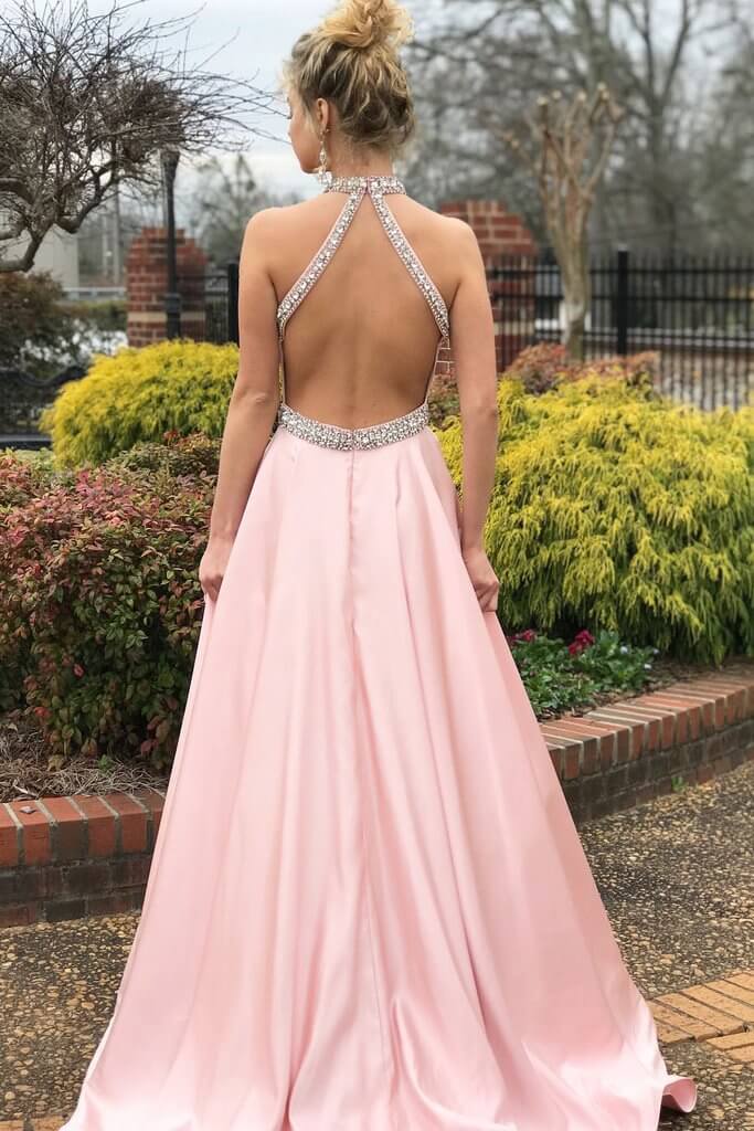 Pink Halter Sleeveless Prom Dress Long With Crystals - Fashionpara