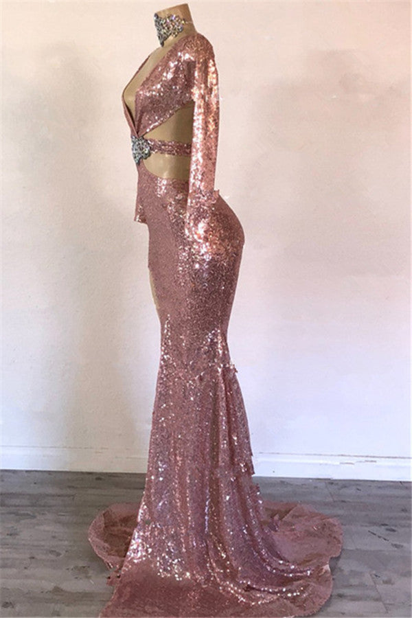 Pink Long Sleeevs Sequins Prom Dress Mermaid With Split - Fashionpara