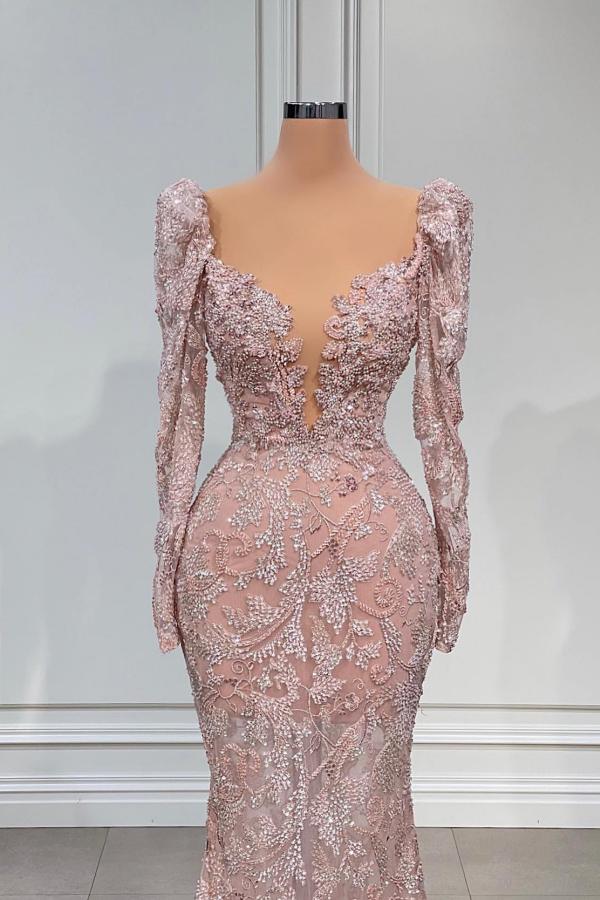 Pink Long Sleeves Evening Dress Mermaid With Lace Beadings - Fashionpara