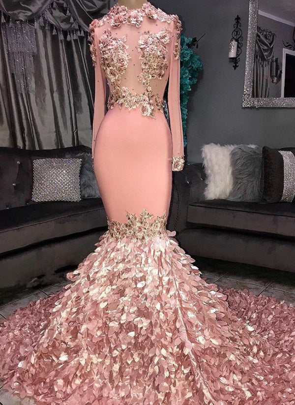 Pink Long Sleeves Mermaid Prom Dress With Appliques - Fashionpara
