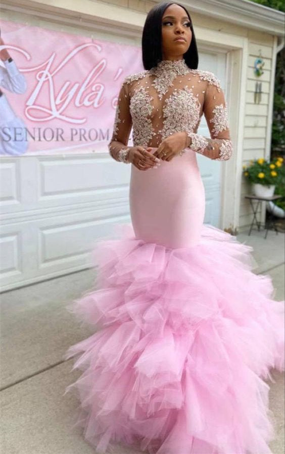 Pink Long Sleeves Prom Dress Mermaid Tulle Ruffles With Appliques - Fashionpara