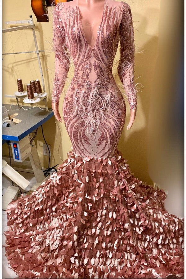 Pink Mermaid Prom Dress Long Sleeves V-Neck With Leaf Pattern Bottom - Fashionpara