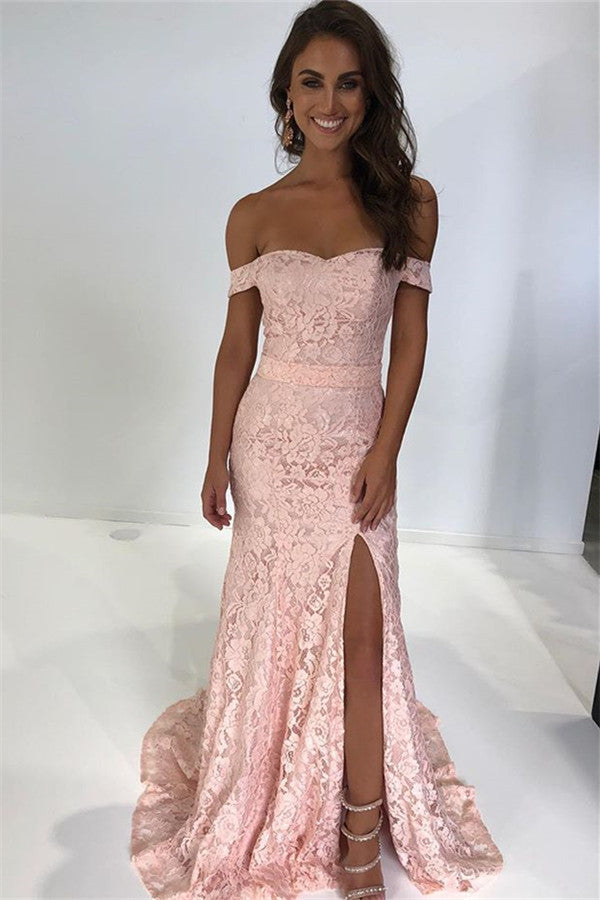 Pink Off-the-Shoulder Lace Prom Dress Mermaid With Slit - Fashionpara