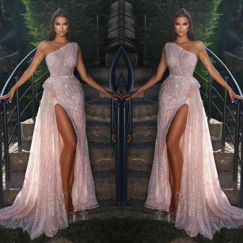 Pink One Shoulder Mermaid Evening Dress Long Split With Sequins Beads - Fashionpara