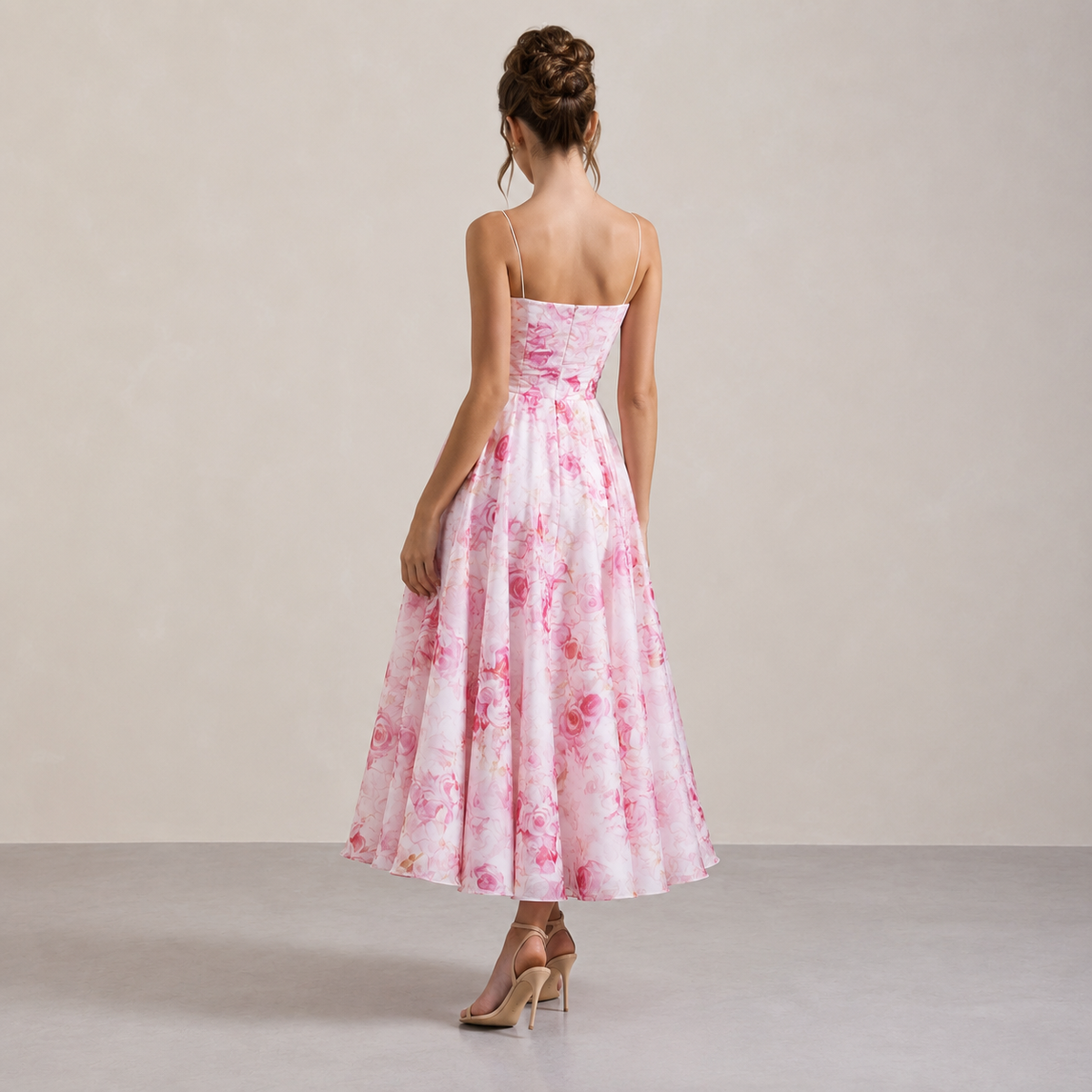 Rose Floral Straight Neck Cut Out A-Line Midi Dress 3