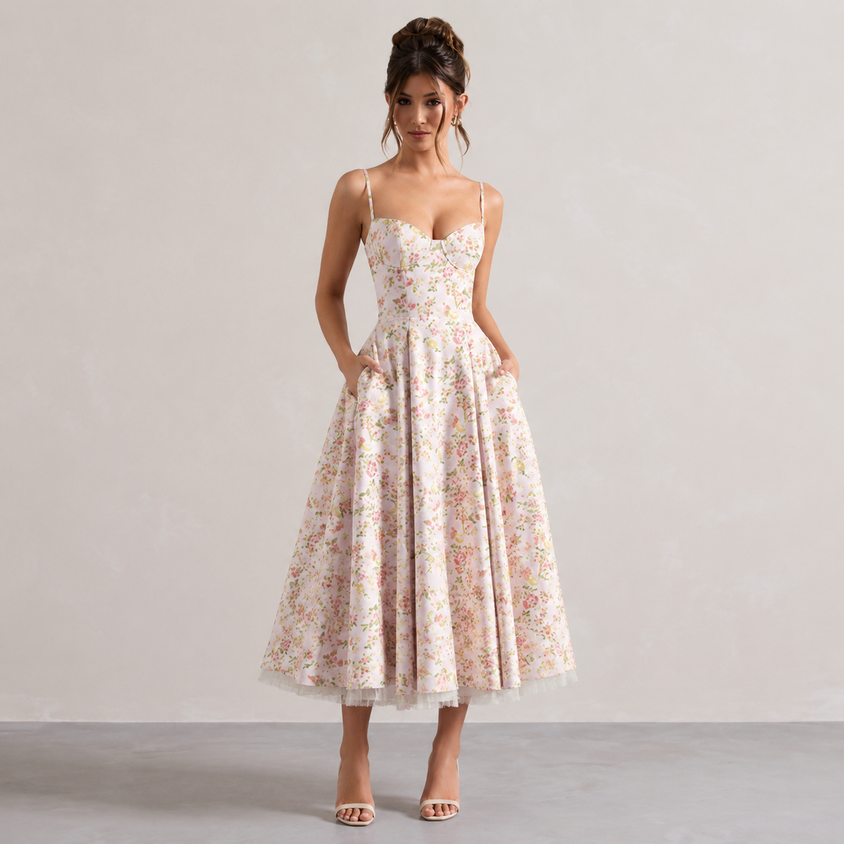 Sweetheart Cami Strap Corset A-Line Satin Midi Dress 16