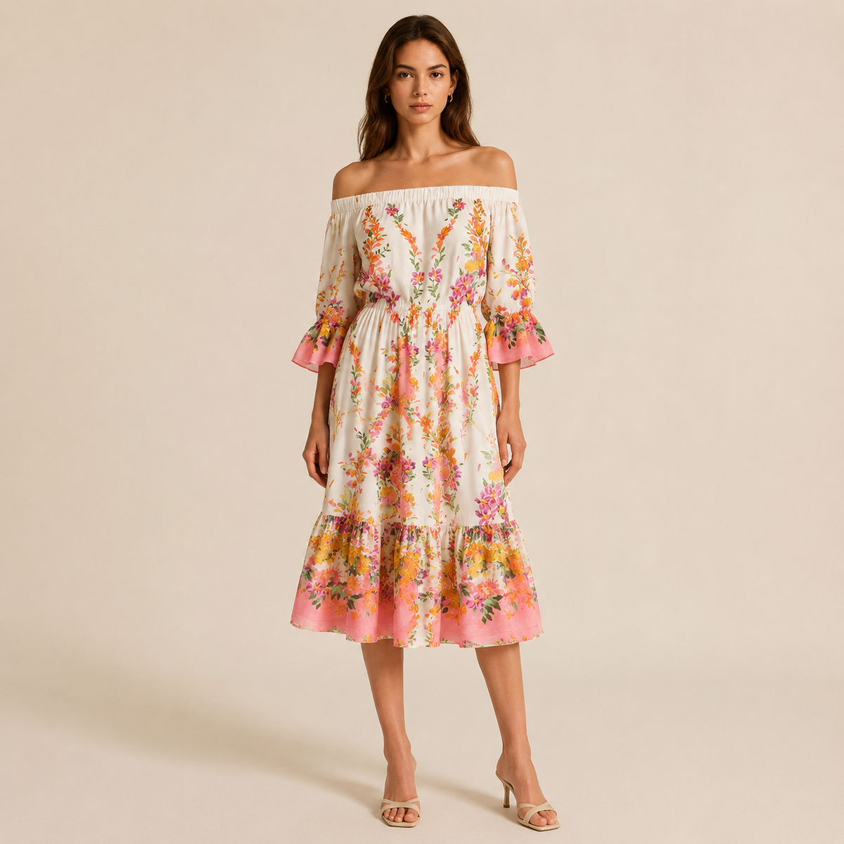 Floral Off Shoulder Bell Sleeve A-Line Midi Dress 16