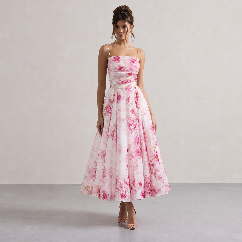 Rose Floral Straight Neck Cut Out A-Line Midi Dress