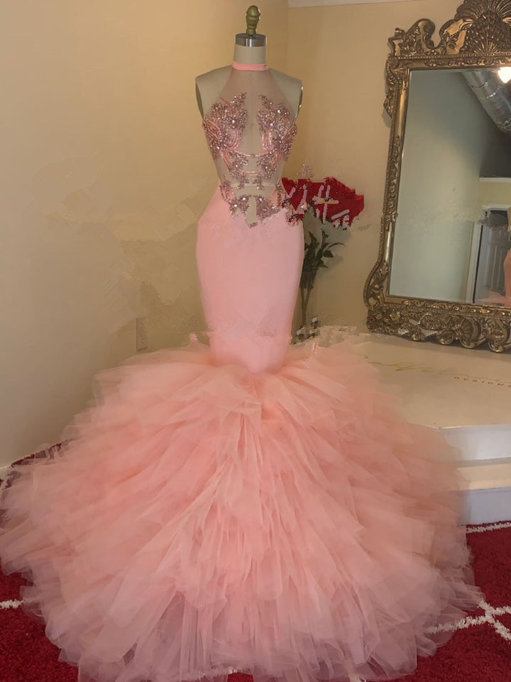 Pink Sleeveless Prom Dress Mermaid High Neck Tulle With Appliques - Fashionpara