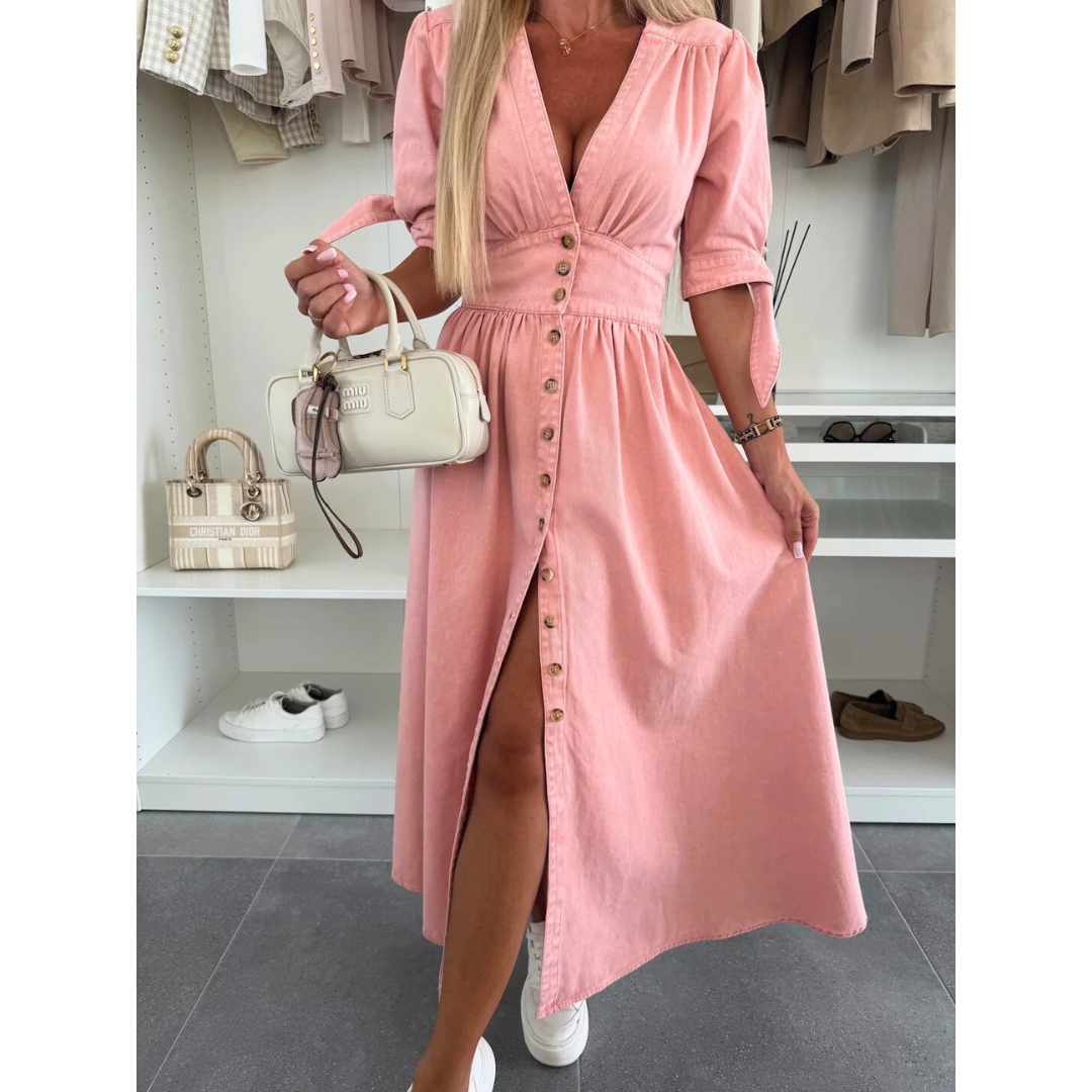 V-Neck Puff Sleeve Button Front High Split Midi Dress 2