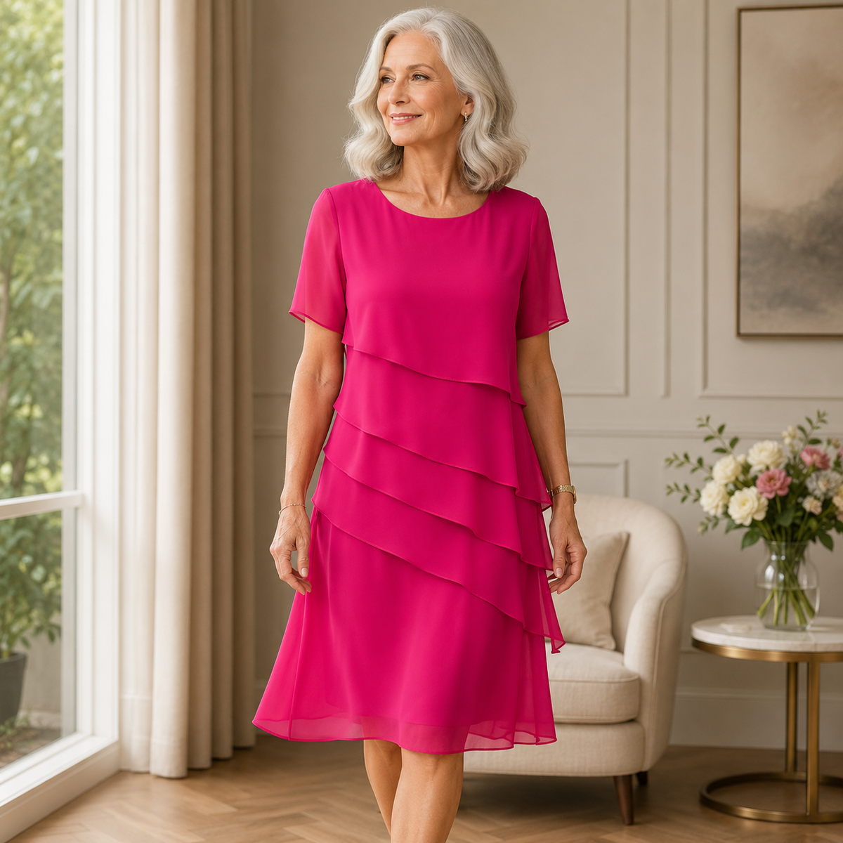Round Neck Short Sleeve Tiered Chiffon Midi Dress