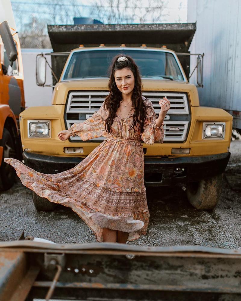 Floral Print V-Neck Long Sleeve Tiered Maxi Dress 18