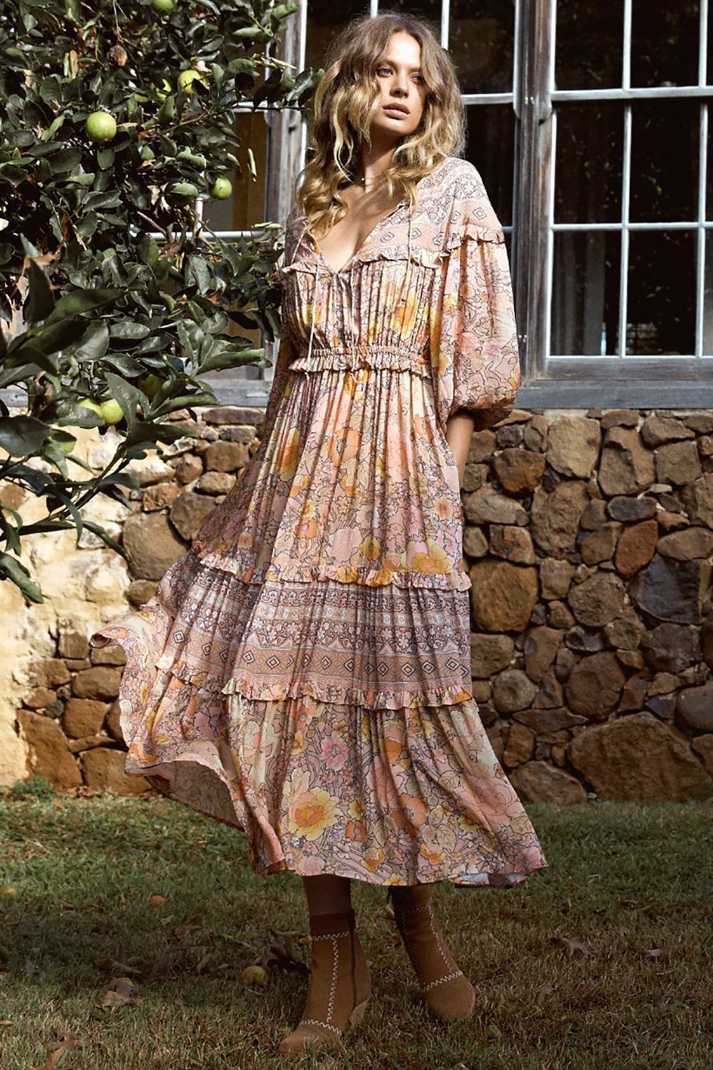Floral Print V-Neck Long Sleeve Tiered Maxi Dress 6