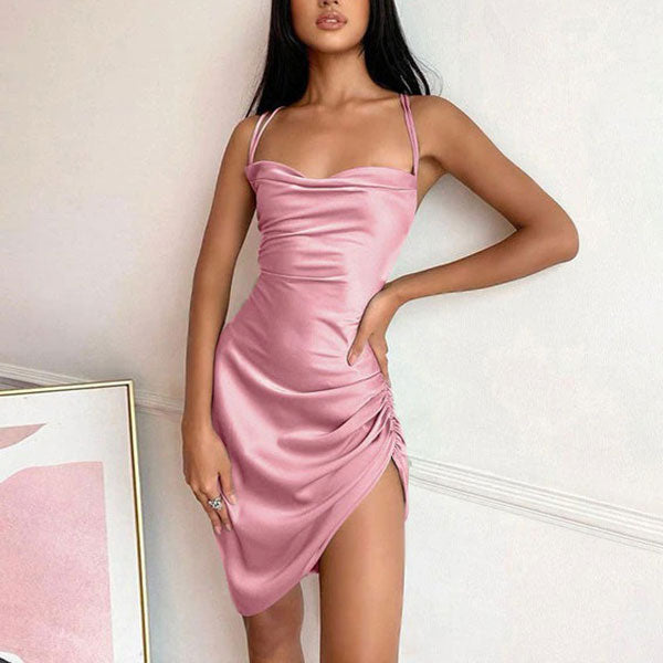 Satin Cowl Neck Spaghetti Strap Ruched Side Bodycon Mini Dress - View 2
