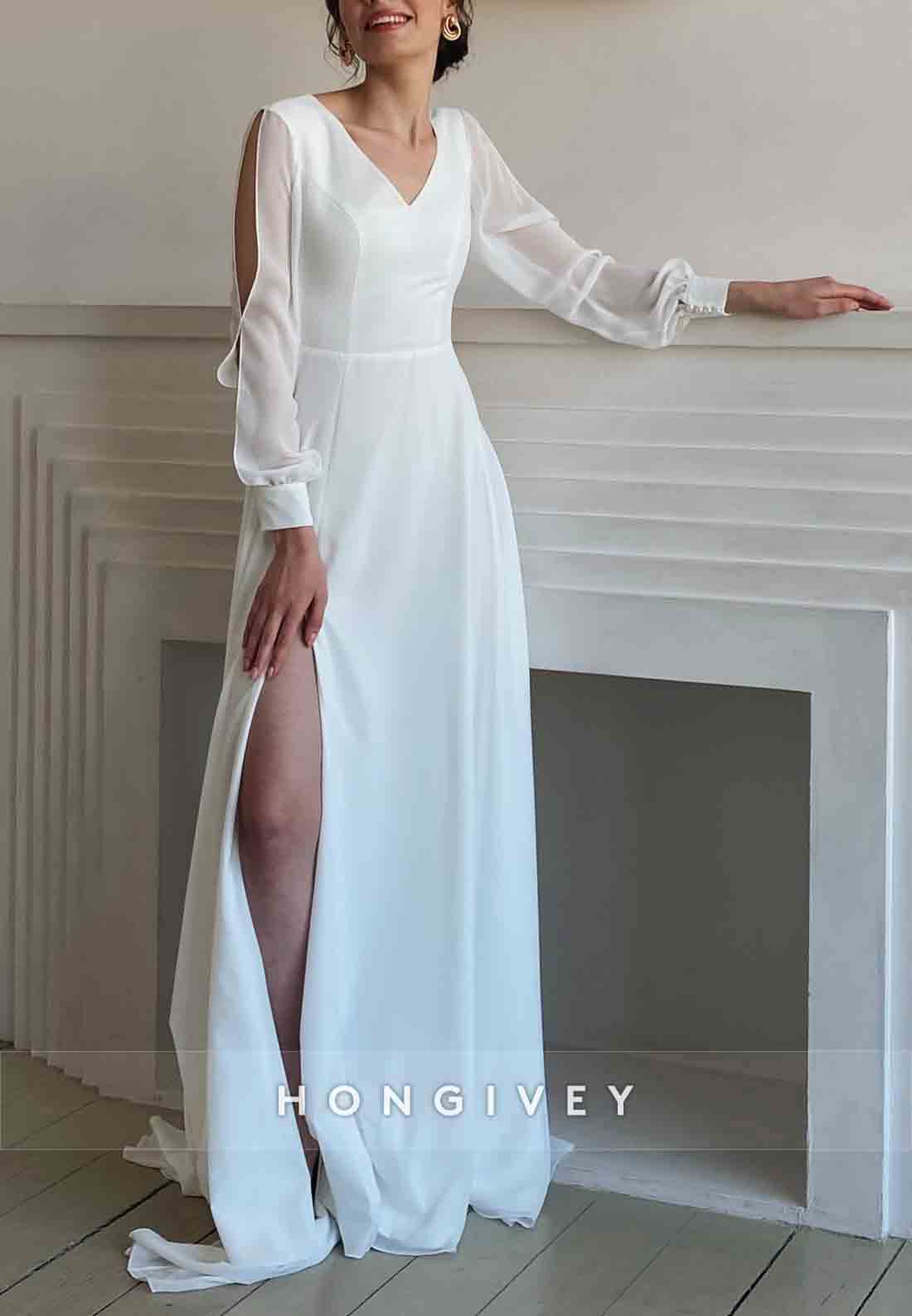 Simple V Neck Long Sleeve Pleated With Side Slit Sweep Train Wedding Dresses