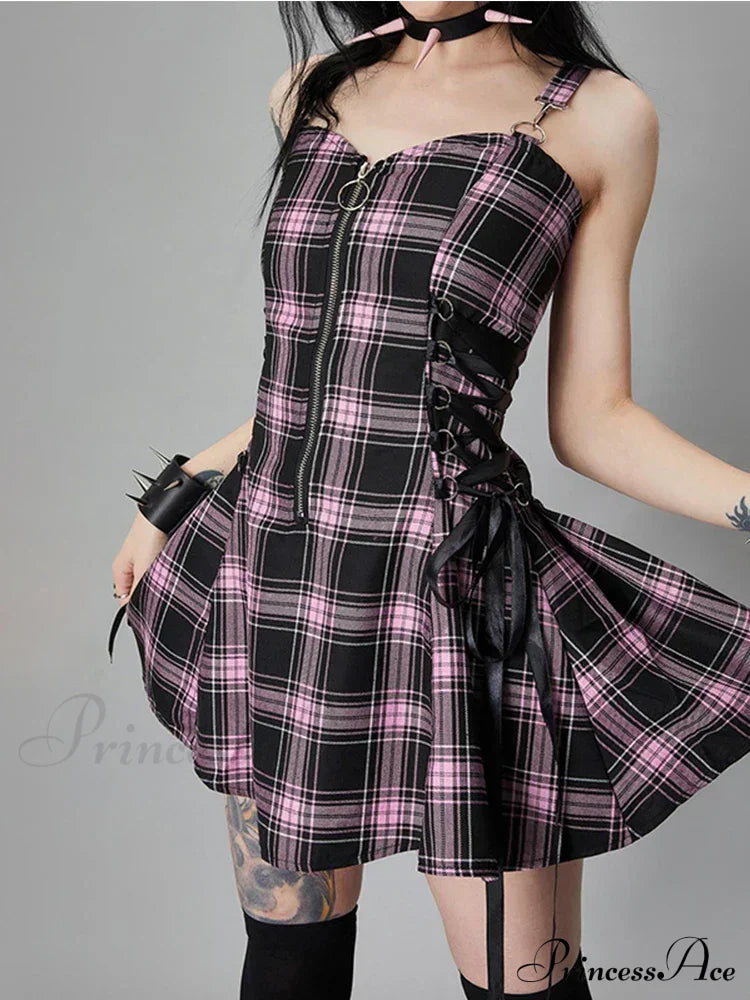 Plaid Bandage Vintage Punk Aesthetic Zipper A-Line Harajuku Fashion Sleeveless Y2K Dress