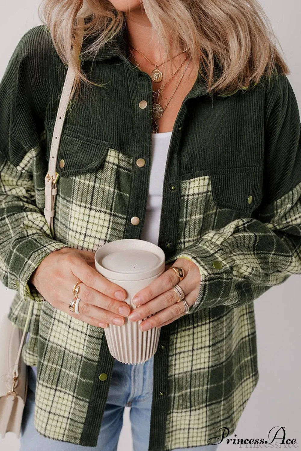 Plaid Color-Block Corduroy Long-Sleeve Jacket