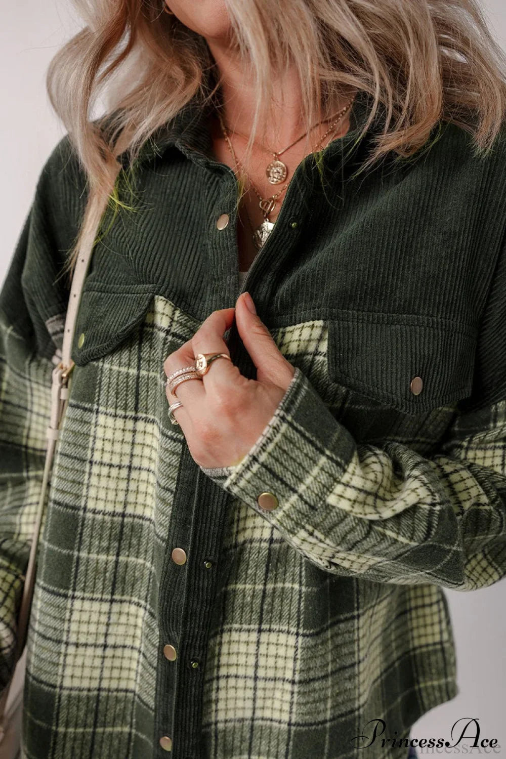 Plaid Color-Block Corduroy Long-Sleeve Jacket