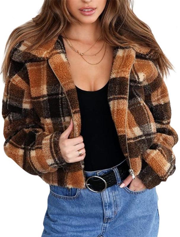 Plaid Faux Fur Cropped Biker Down Jacket for Chic Style