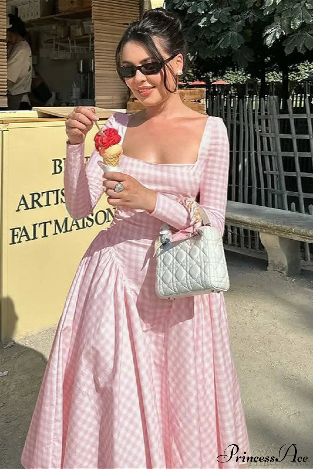 Plaid Flare Sleeve Waist Fitted Square Neck Maxi Dress Pink / S