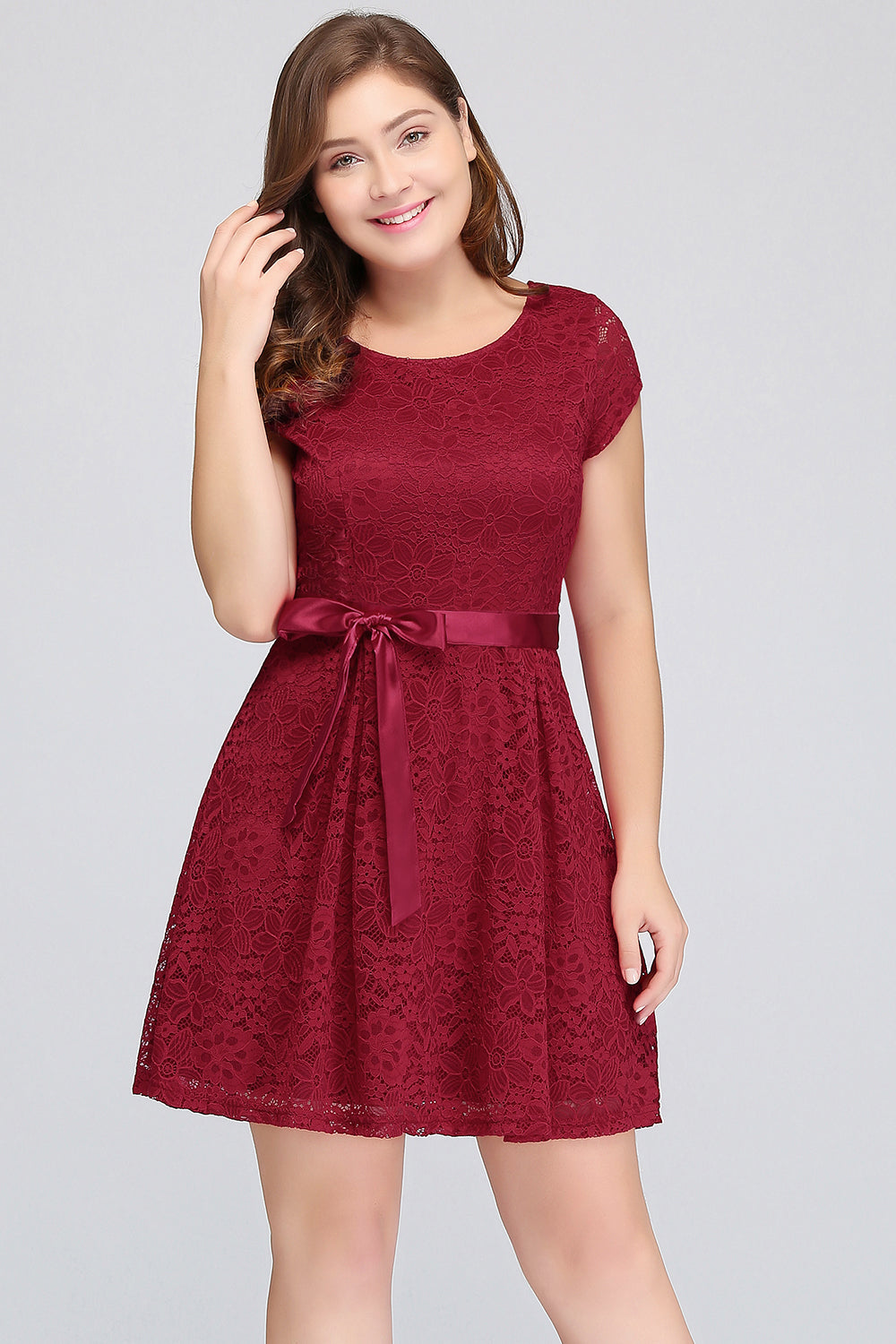 Plus Size A-Line Jewel Burgundy Lace Bridesmaid Dresses with Short Sleeves - Fashionpara