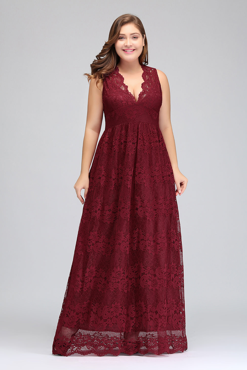 Plus Size A-Line V-Neck Burgundy Lace Bridesmaid Dresses - Fashionpara