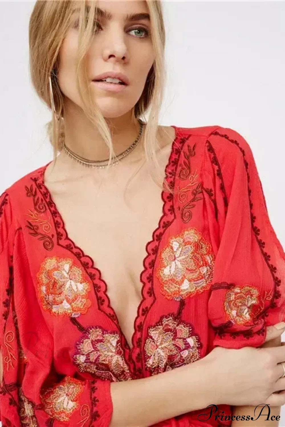 Plus Size Button Up Chiffon Holiday Boho Dress Red / S bohodress-250126