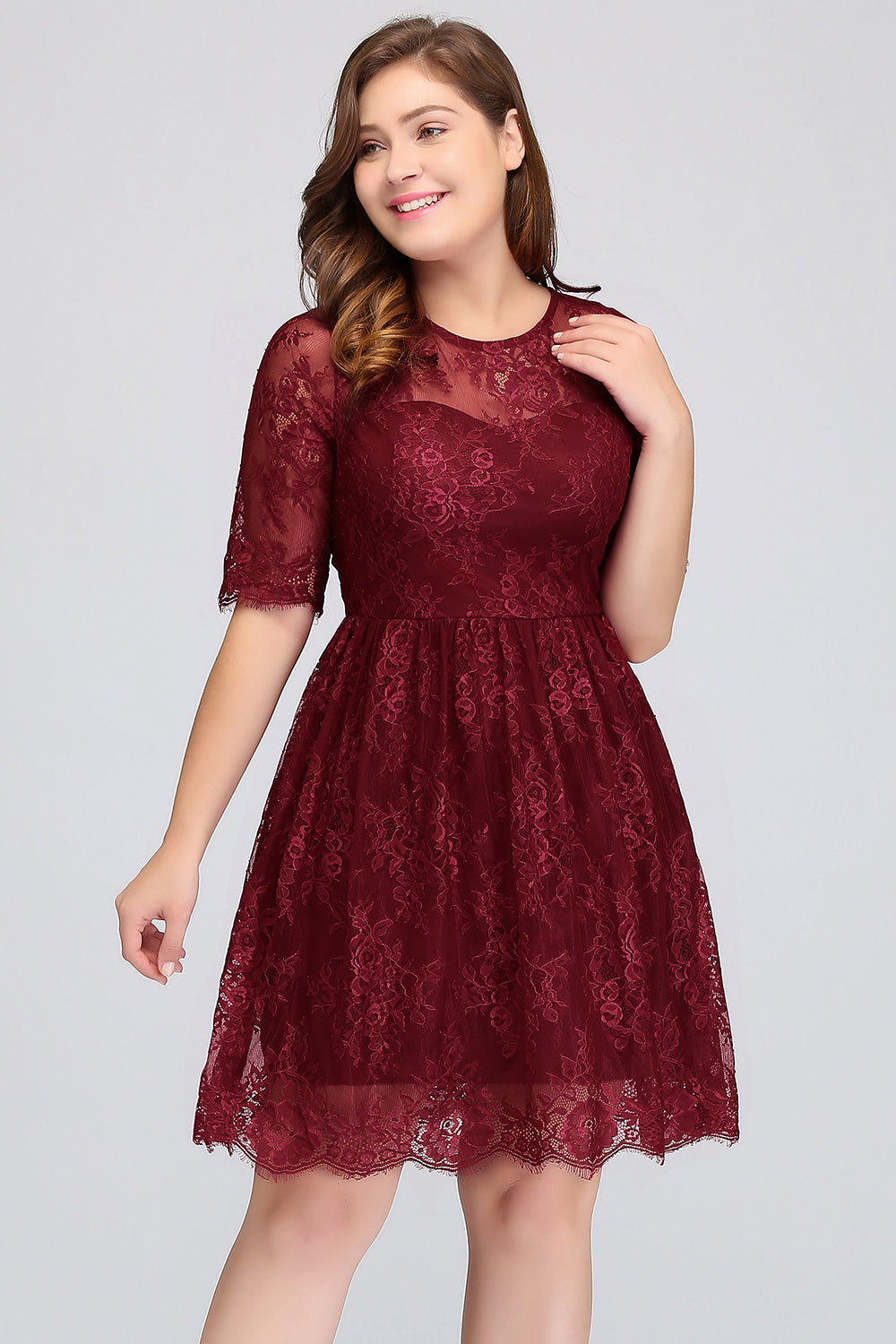 Plus size Jewel Burgundy Affordable Bridesmaid Dresses with Short Sleeves - Fashionpara