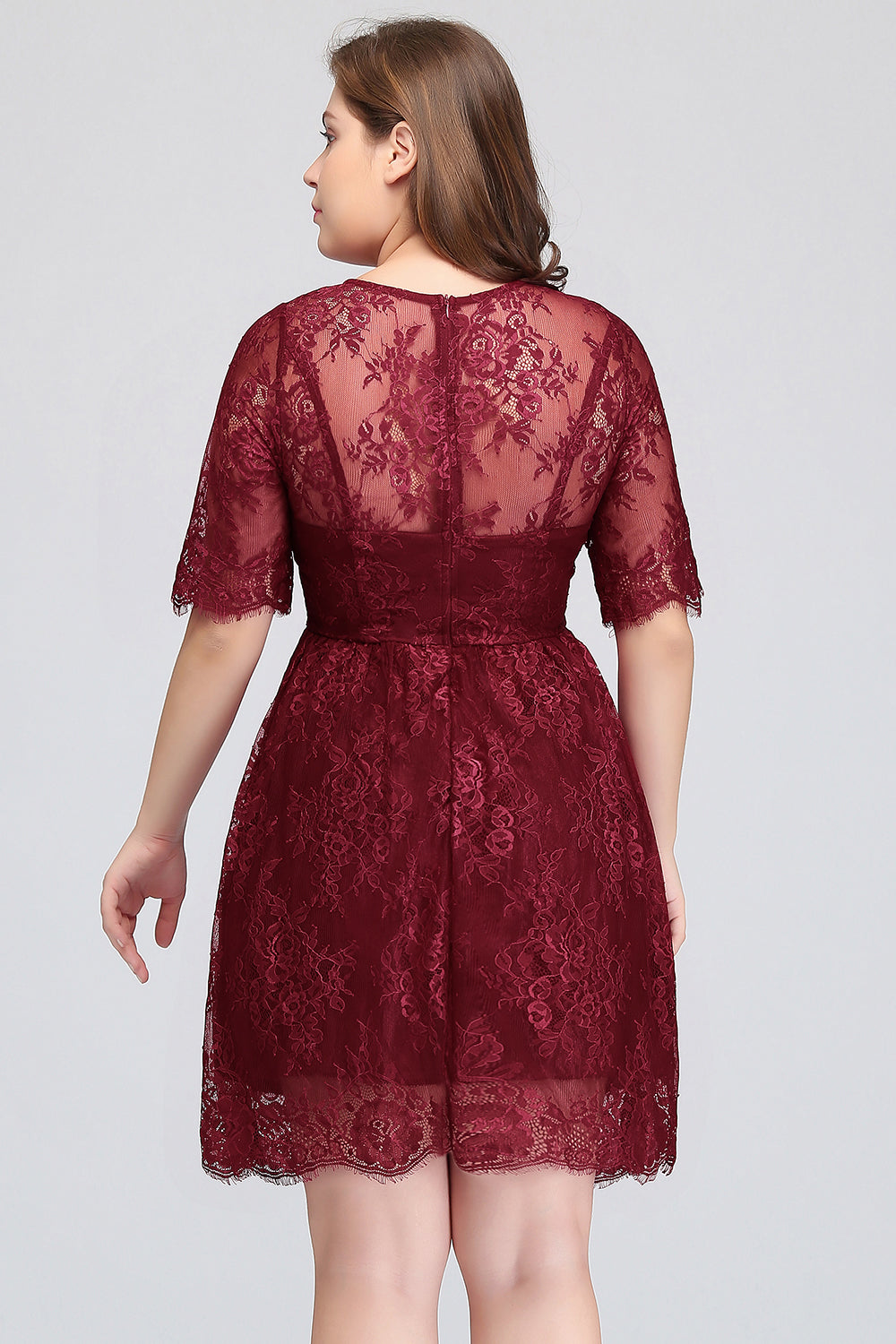 Plus size Jewel Burgundy Affordable Bridesmaid Dresses with Short Sleeves - Fashionpara