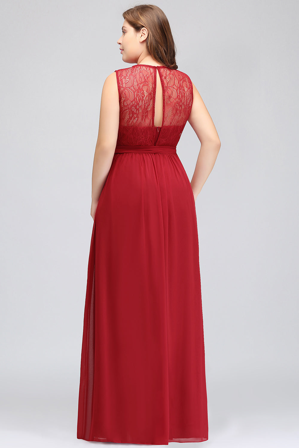 Plus Size Jewel Sleeveless Red Lace Long Bridesmaid Dresses with Ruffle - Fashionpara
