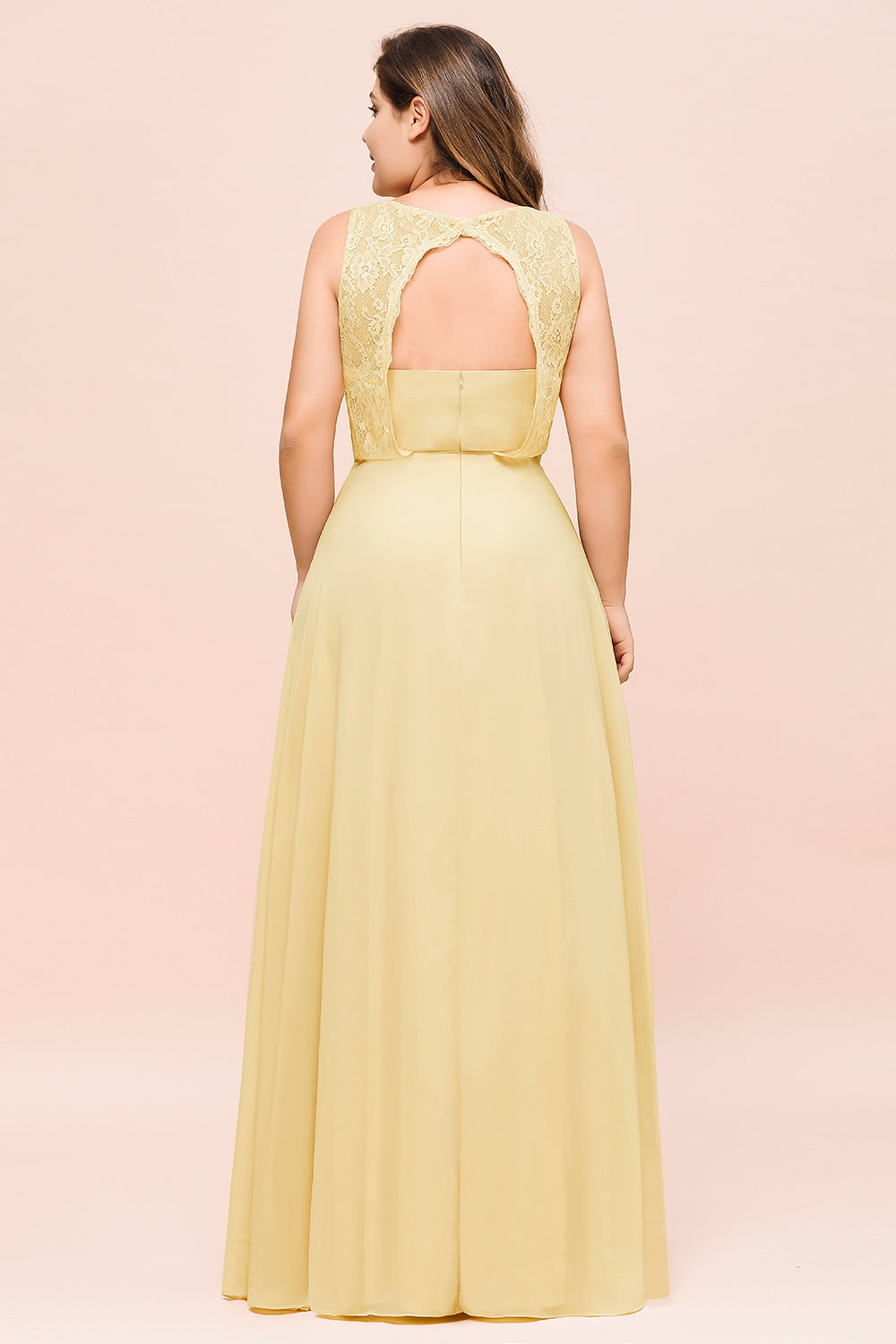 Plus Size Lace Sleeveless Affordable Daffodil Bridesmaid Dresses - Fashionpara