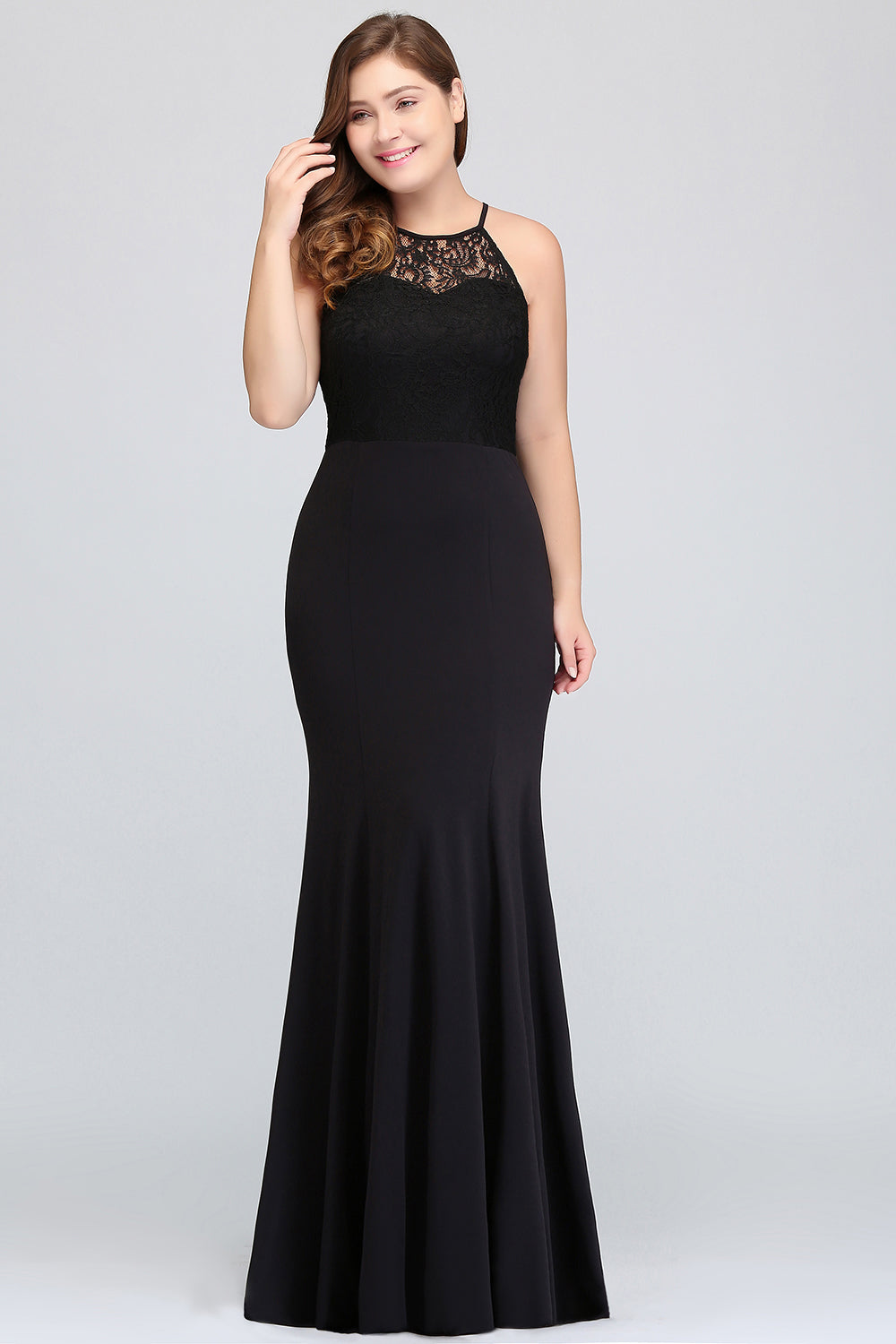 Plus Size Mermaid Jewel Lace Black Bridesmaid Dresses - Fashionpara