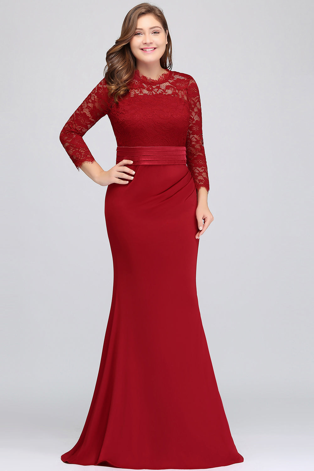 Plus Size Mermaid Long Red Lace Bridesmaid dresses with 3/4 Sleeves - Fashionpara