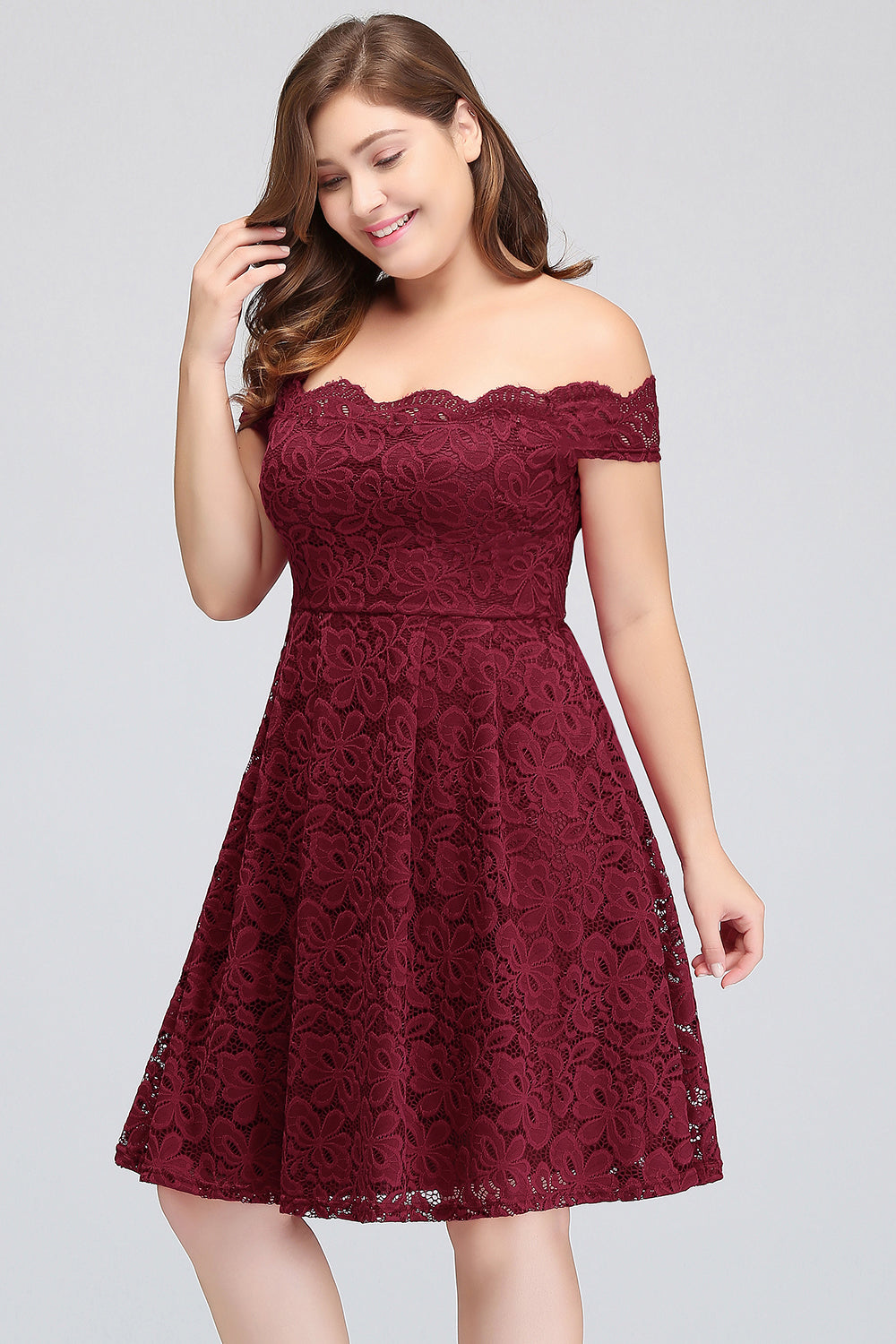 Plus Size Off-the-Shoulder Burgundy Lace Short Bridesmaid Dresses - Fashionpara