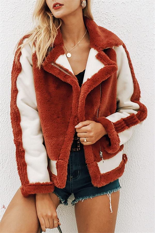 Luxurious Red Plush Faux Fur Zipper Jacket for Cozy Elegance