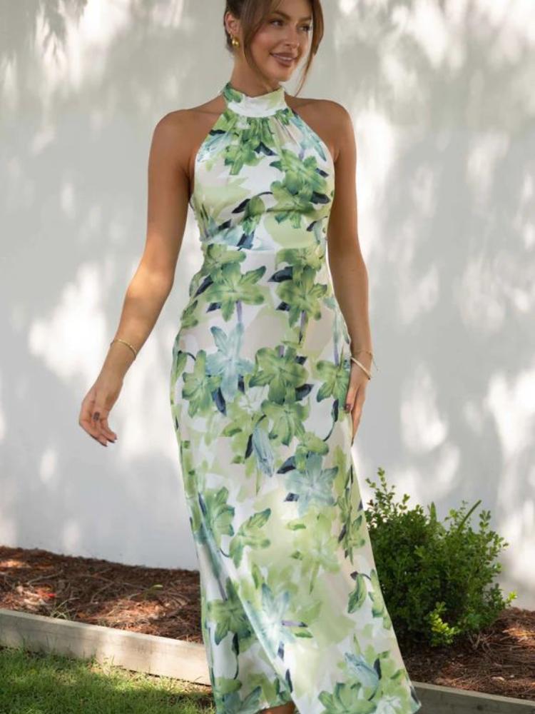 Floral Halter Neck Backless Satin Slip Maxi Dress - View 4
