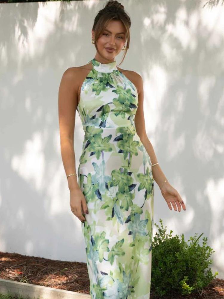 Floral Halter Neck Backless Satin Slip Maxi Dress - View 3