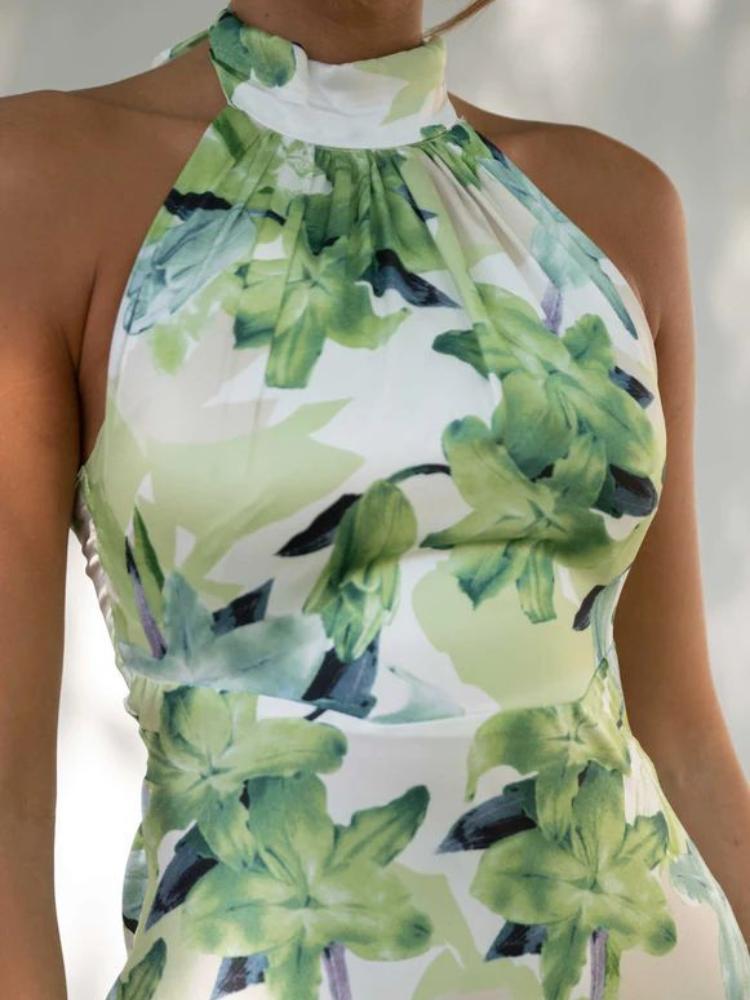 Floral Halter Neck Backless Satin Slip Maxi Dress - View 6