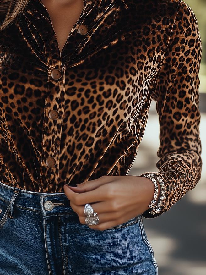 (clearance)Stylish Single-breasted Leopard Pattern Velvet Shirt - Fashionpara