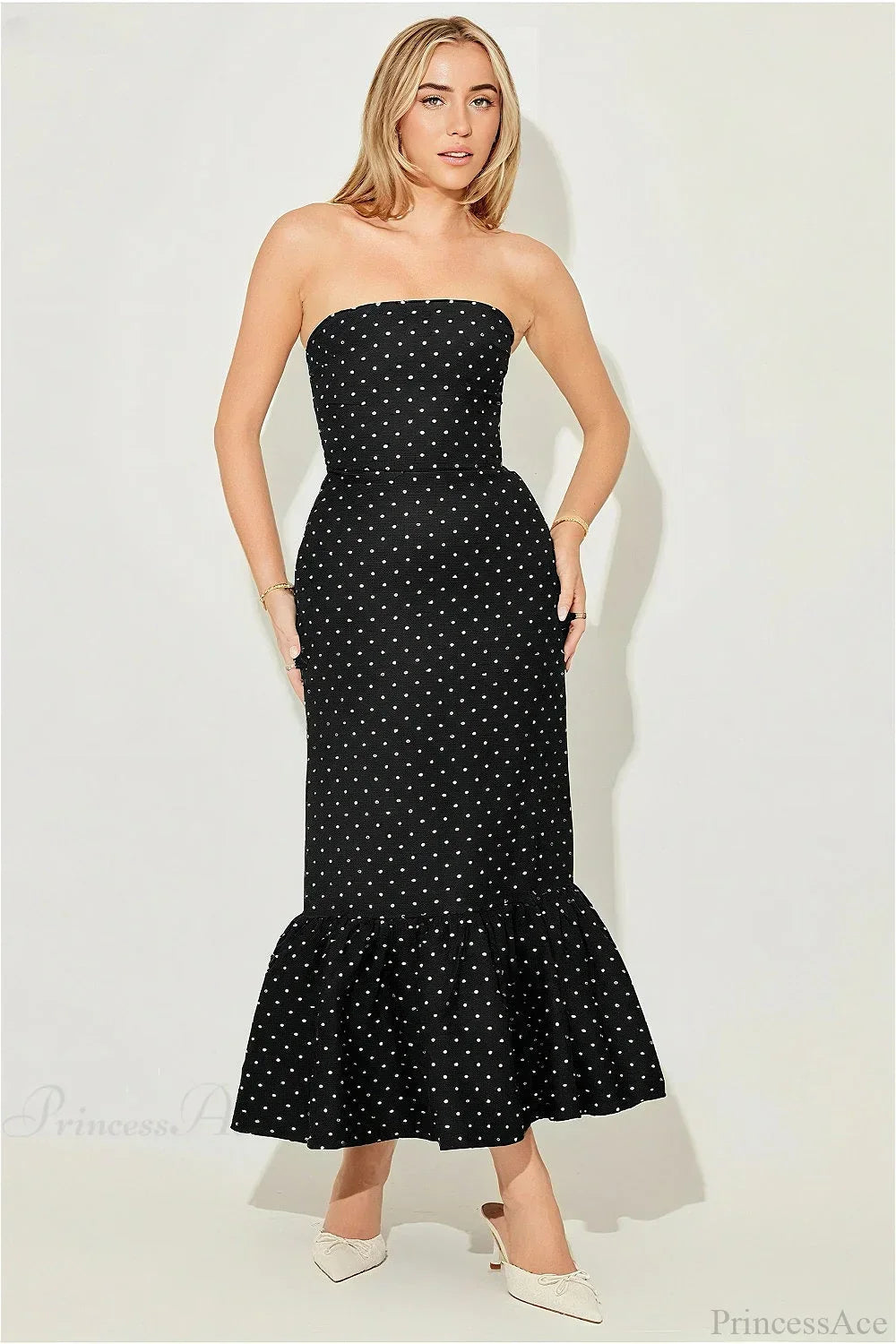 Polka Dot Strapless Mermaid Maxi Dress 4
