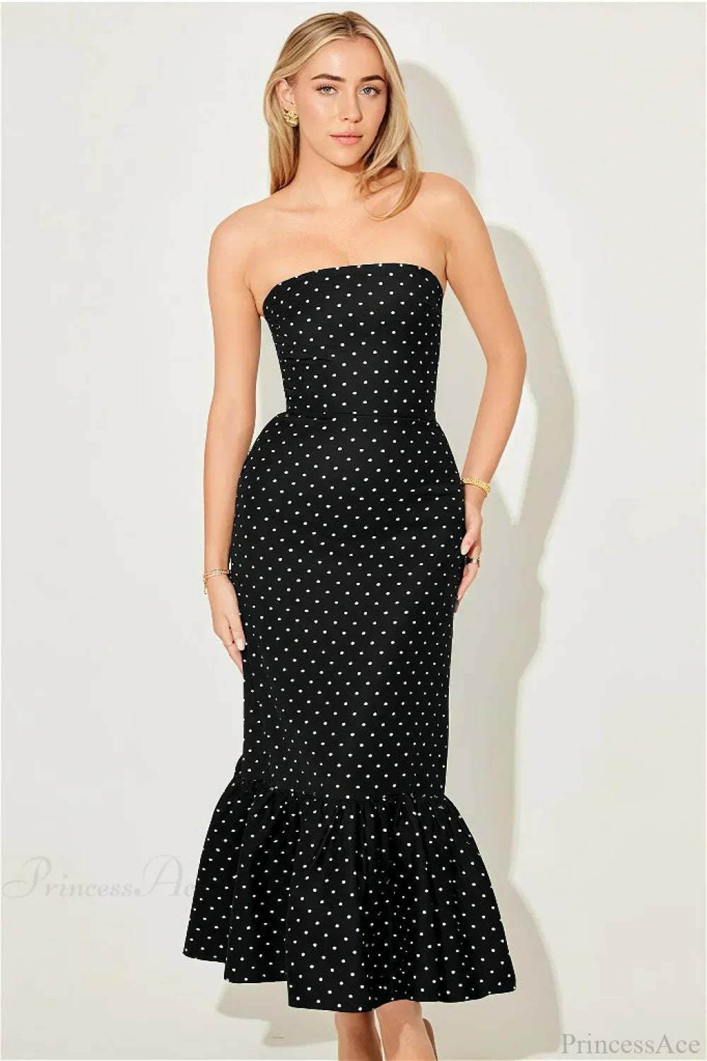 Polka Dot Strapless Mermaid Maxi Dress 2