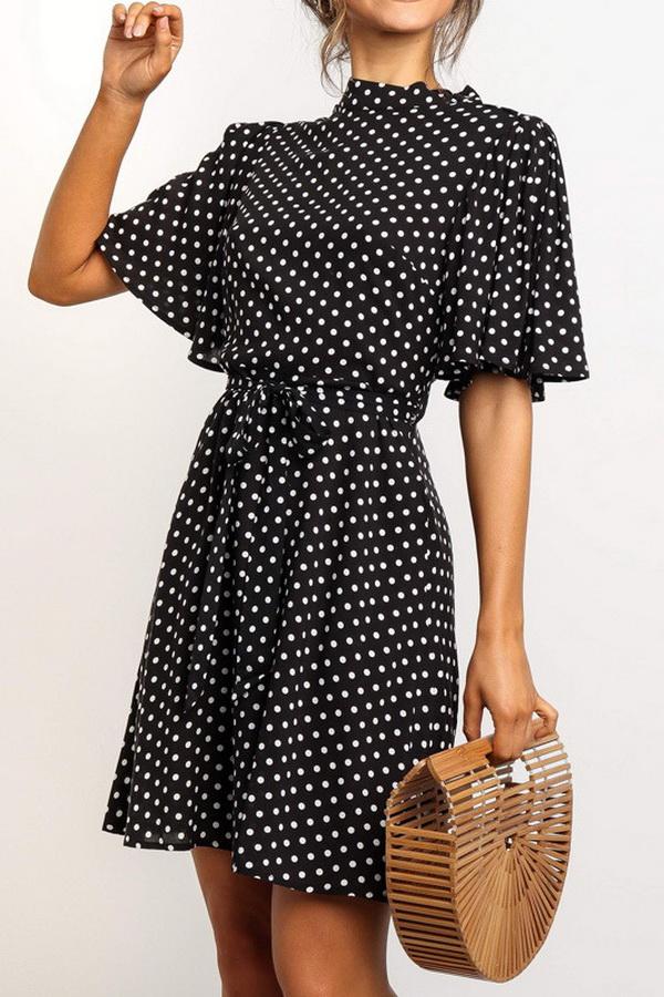 Polka Dot Printed Chiffon Dress with High Waist