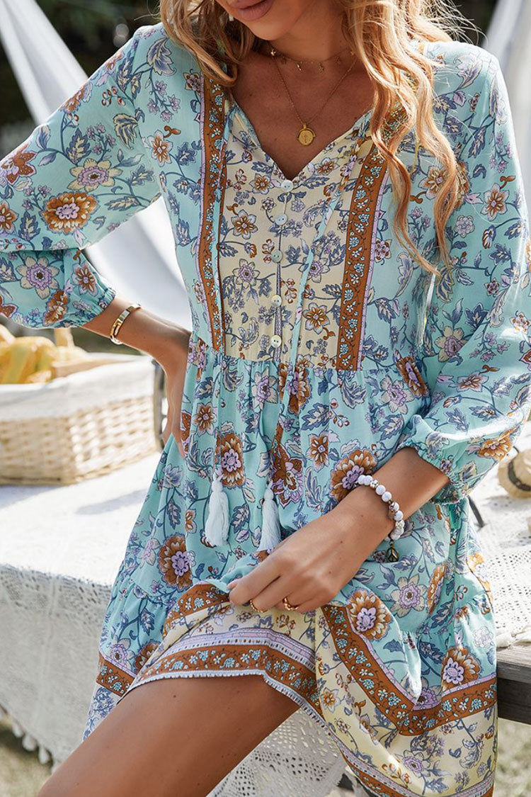 Prairie Tie Neck Half Button Floral Printed Boho Chic Mini Dress - Blue  Fashionpara